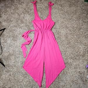 Belongsci Pink Tie Strap V-neck Jumpsuit Wide Leg Women's Size XS New